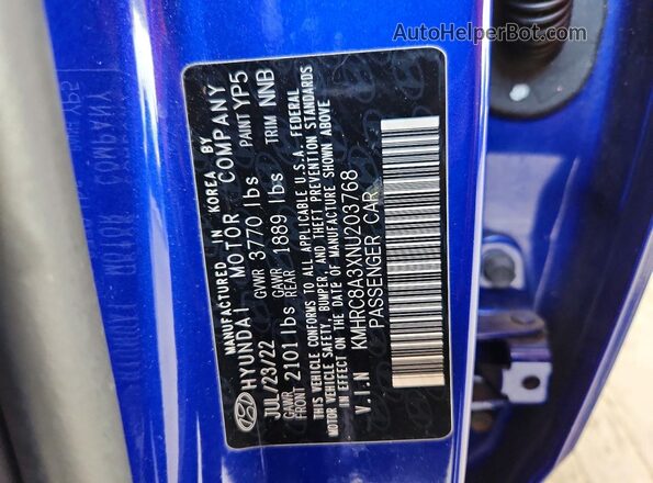 KMHRC8A3XNU203768 2022 HYUNDAI VENUE Blue VIN კოდის სტიკერის ხედი