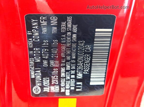 KMHT36AH0NU012043 2022 HYUNDAI VELOSTER Red Widok naklejki z numerem VIN