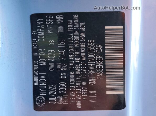 KMHT36AH1NU015596 2022 HYUNDAI VELOSTER Blue Widok naklejki z numerem VIN