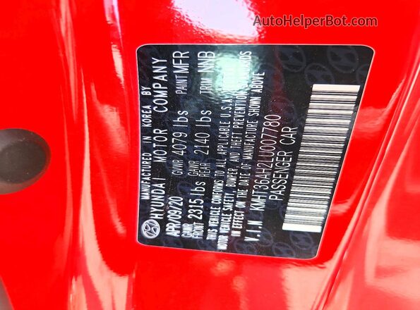 KMHT36AH2LU007780 2020 HYUNDAI VELOSTER Red VIN კოდის სტიკერის ხედი