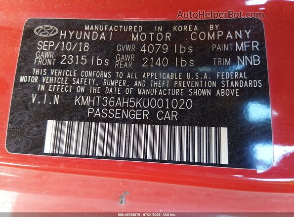KMHT36AH5KU001020 2019 HYUNDAI VELOSTER Red Engine compartment view