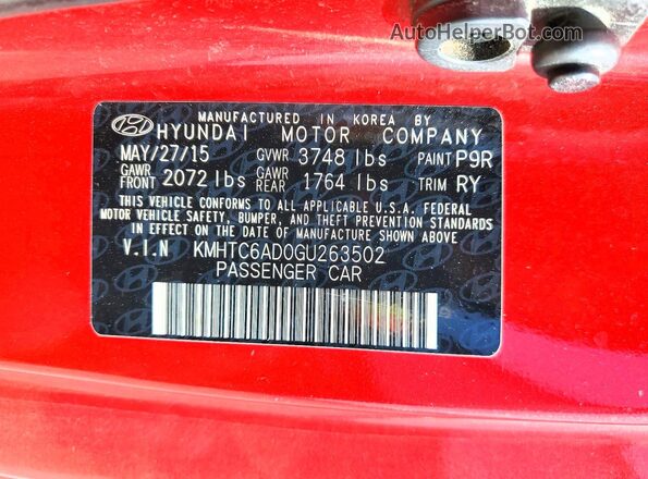 KMHTC6AD0GU263502 2016 HYUNDAI VELOSTER Red Вид підкапотного простору