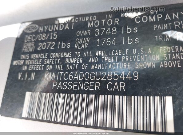 KMHTC6AD0GU285449 2016 HYUNDAI VELOSTER Silver Vista del compartimento del motor