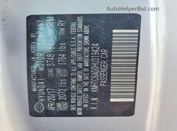 KMHTC6AD0HU319424 2017 HYUNDAI VELOSTER Silver VIN კოდის სტიკერის ხედი