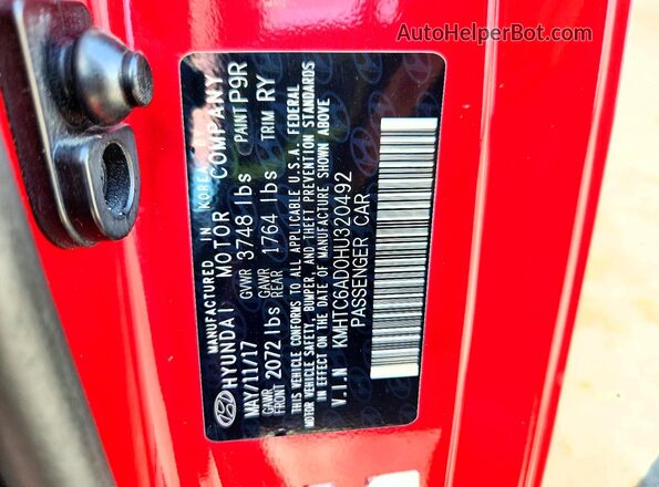 KMHTC6AD0HU320492 2017 HYUNDAI VELOSTER Красный Вид наклейки с VIN-кодом
