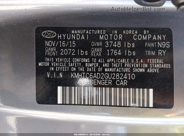 KMHTC6AD2GU282410 2016 HYUNDAI VELOSTER Gray Вид підкапотного простору