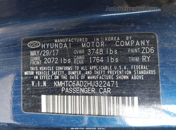 KMHTC6AD2HU322471 2017 HYUNDAI VELOSTER Blue Вид підкапотного простору