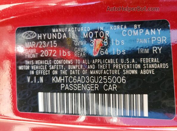 KMHTC6AD3GU255006 2016 HYUNDAI VELOSTER Red Vista de la etiqueta del VIN
