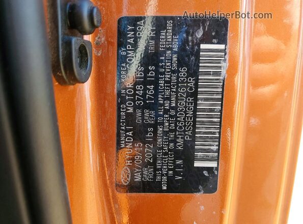 KMHTC6AD3GU261386 2016 HYUNDAI VELOSTER Orange ძრავის განყოფილების ხედი