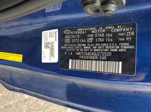 KMHTC6AD3GU272520 2016 HYUNDAI VELOSTER Blue Вид підкапотного простору