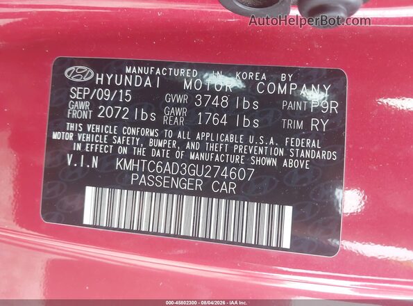 KMHTC6AD3GU274607 2016 HYUNDAI VELOSTER Red Vista del compartimento del motor