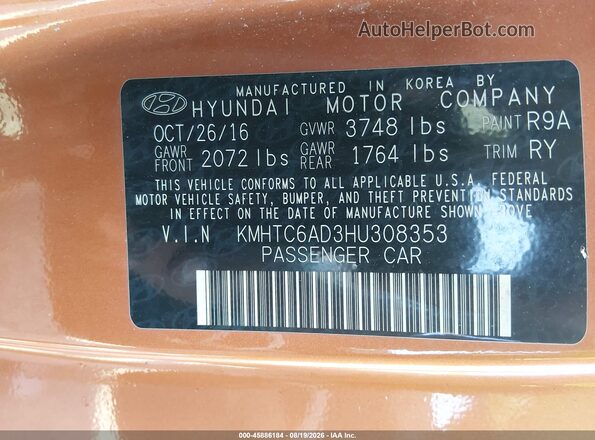 KMHTC6AD3HU308353 2017 HYUNDAI VELOSTER Оранжевый Вид подкапотного пространства