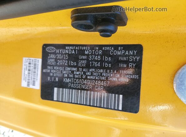 KMHTC6AD4GU248467 2016 HYUNDAI VELOSTER Yellow ძრავის განყოფილების ხედი