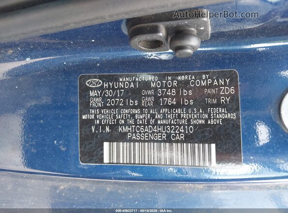 KMHTC6AD4HU322410 2017 HYUNDAI VELOSTER Синий Вид подкапотного пространства