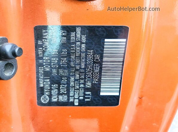 KMHTC6AD5HU309844 2017 HYUNDAI VELOSTER Orange VIN კოდის სტიკერის ხედი