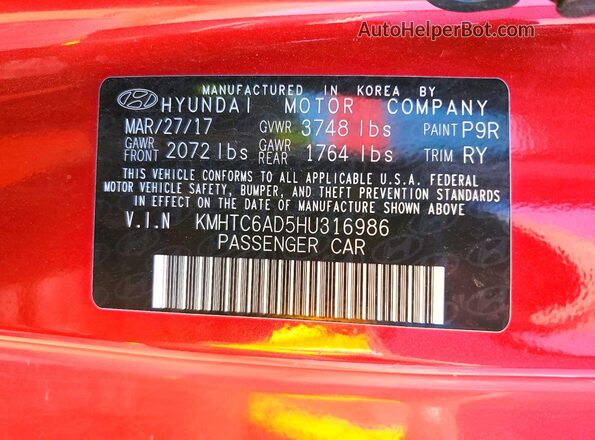 KMHTC6AD5HU316986 2017 HYUNDAI VELOSTER Red Շարժիչի բաժամունքի տեսք