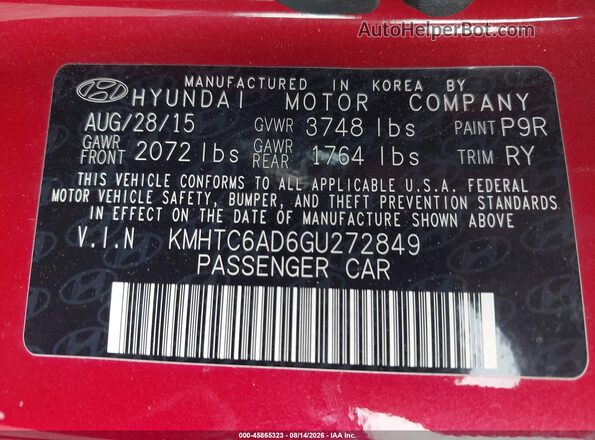KMHTC6AD6GU272849 2016 HYUNDAI VELOSTER Red Engine compartment view