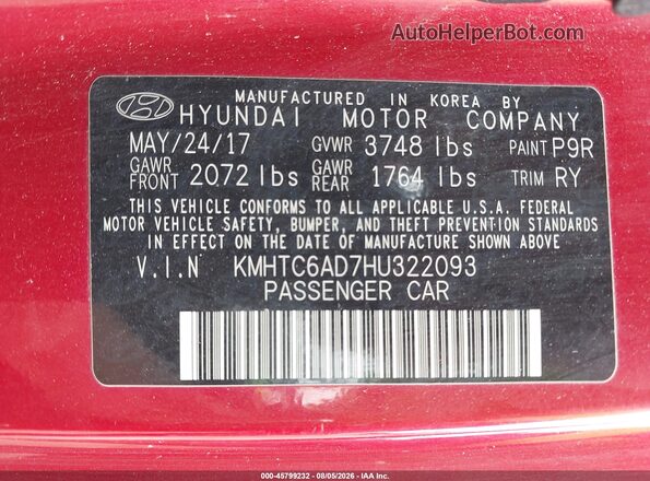 KMHTC6AD7HU322093 2017 HYUNDAI VELOSTER Красный Вид подкапотного пространства
