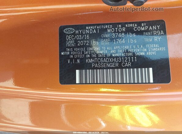 KMHTC6ADXHU312111 2017 HYUNDAI VELOSTER Orange ძრავის განყოფილების ხედი