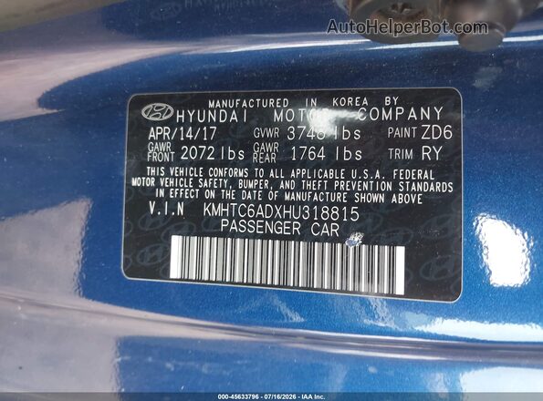 KMHTC6ADXHU318815 2017 HYUNDAI VELOSTER Blue Вид підкапотного простору
