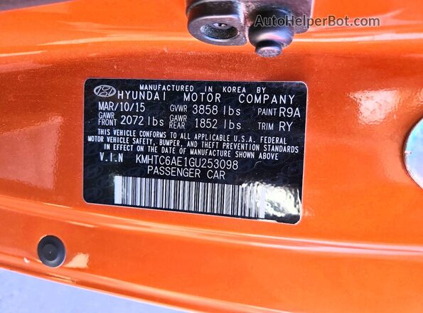 KMHTC6AE1GU253098 2016 HYUNDAI VELOSTER Orange Вид підкапотного простору