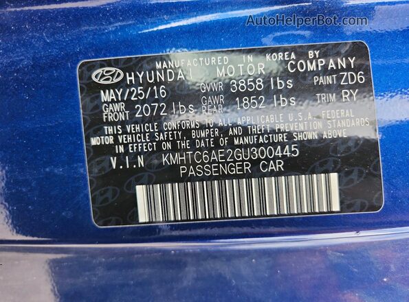 KMHTC6AE2GU300445 2016 HYUNDAI VELOSTER Blue Widok naklejki z numerem VIN