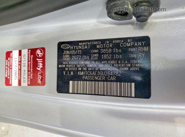 KMHTC6AE3GU264782 2016 HYUNDAI VELOSTER Silver VIN sticker view