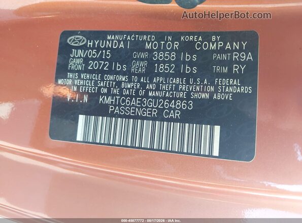 KMHTC6AE3GU264863 2016 HYUNDAI VELOSTER Orange ძრავის განყოფილების ხედი
