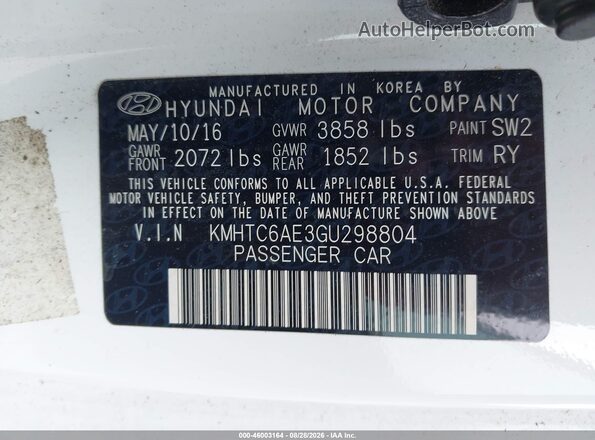 KMHTC6AE3GU298804 2016 HYUNDAI VELOSTER White ძრავის განყოფილების ხედი