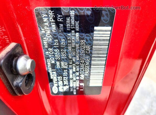 KMHTC6AE4GU260238 2016 HYUNDAI VELOSTER Red VIN კოდის სტიკერის ხედი