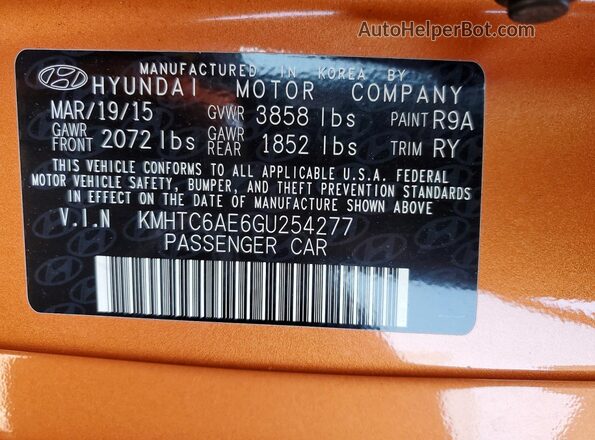 KMHTC6AE6GU254277 2016 HYUNDAI VELOSTER Orange Вид наклейки з VIN-кодом