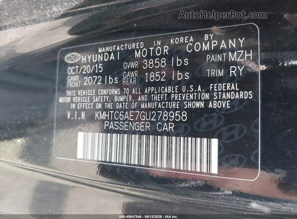 KMHTC6AE7GU278958 2016 HYUNDAI VELOSTER Black Vista del compartimento del motor