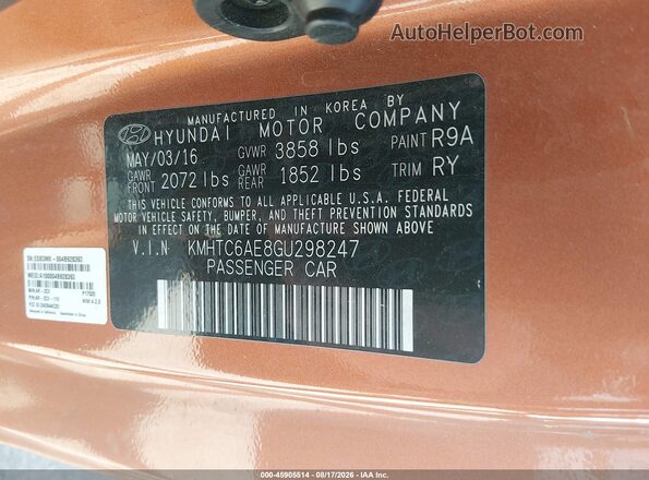 KMHTC6AE8GU298247 2016 HYUNDAI VELOSTER Orange Vista del compartimento del motor