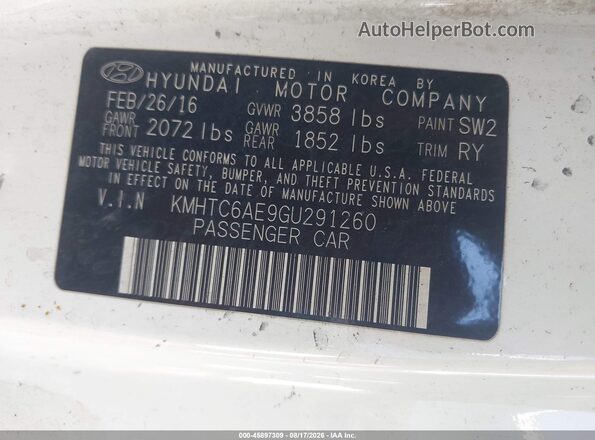 KMHTC6AE9GU291260 2016 HYUNDAI VELOSTER White Շարժիչի բաժամունքի տեսք