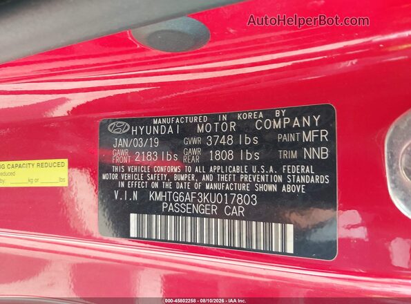 KMHTG6AF3KU017803 2019 HYUNDAI VELOSTER Red Вид підкапотного простору