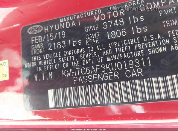 KMHTG6AF3KU019311 2019 HYUNDAI VELOSTER Red Engine compartment view