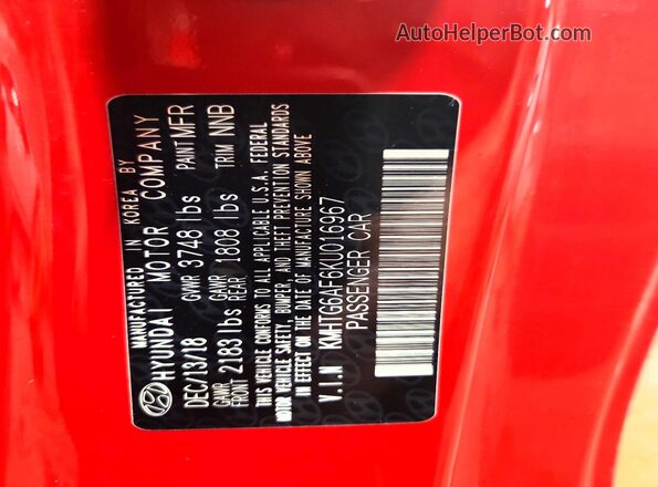 KMHTG6AF6KU016967 2019 HYUNDAI VELOSTER Red VIN կոդի պիտակի տեսք