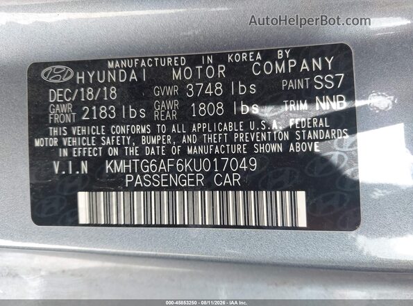 KMHTG6AF6KU017049 2019 HYUNDAI VELOSTER Silver ძრავის განყოფილების ხედი