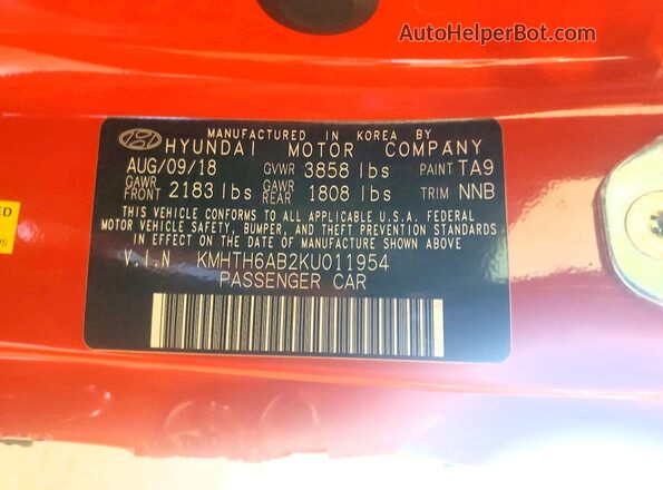 KMHTH6AB2KU011954 2019 HYUNDAI VELOSTER Orange VIN կոդի պիտակի տեսք