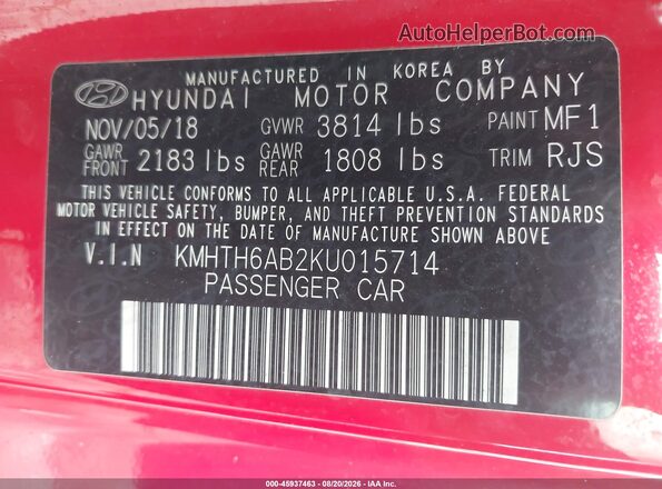 KMHTH6AB2KU015714 2019 HYUNDAI VELOSTER Red Widok komory silnika