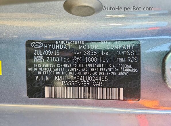 KMHTH6AB4LU024495 2020 HYUNDAI VELOSTER Gray Vista de la etiqueta del VIN