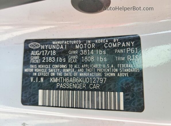 KMHTH6AB6KU012797 2019 HYUNDAI VELOSTER White VIN კოდის სტიკერის ხედი