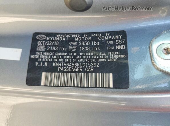 KMHTH6AB6KU015392 2019 HYUNDAI VELOSTER Gray Vista de la etiqueta del VIN