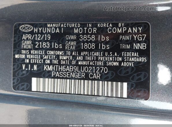 KMHTH6AB9LU021270 2020 HYUNDAI VELOSTER Gray Engine compartment view