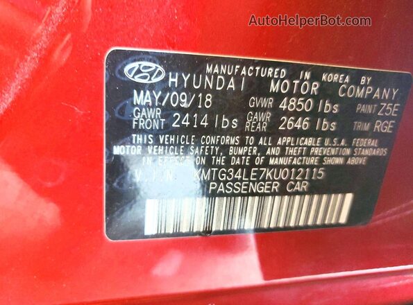 KMTG34LE7KU012115 2019 GENESIS G70 Red Вид підкапотного простору