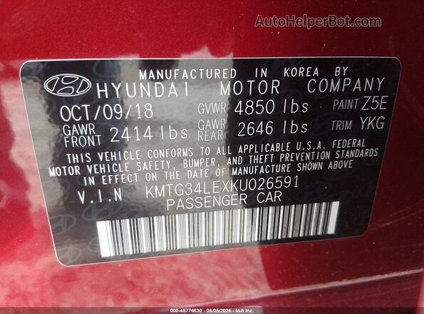 KMTG34LEXKU026591 2019 GENESIS G70 Red Շարժիչի բաժամունքի տեսք