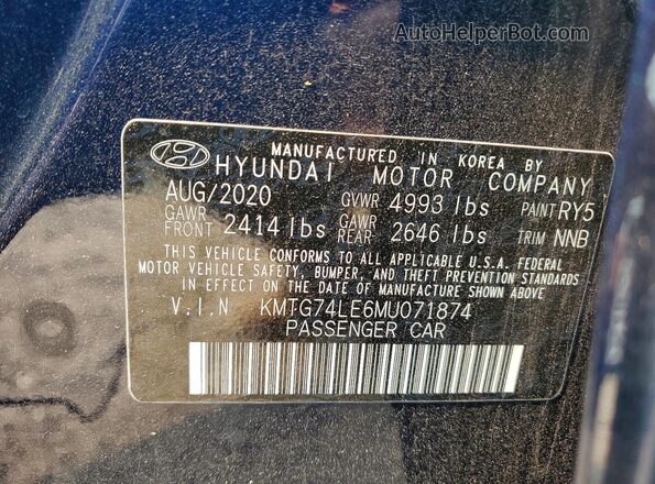 KMTG74LE6MU071874 2021 GENESIS G70 Blue VIN կոդի պիտակի տեսք