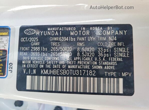 KMUHBESB0TU317182 2026 GENESIS GV80 White VIN կոդի պիտակի տեսք