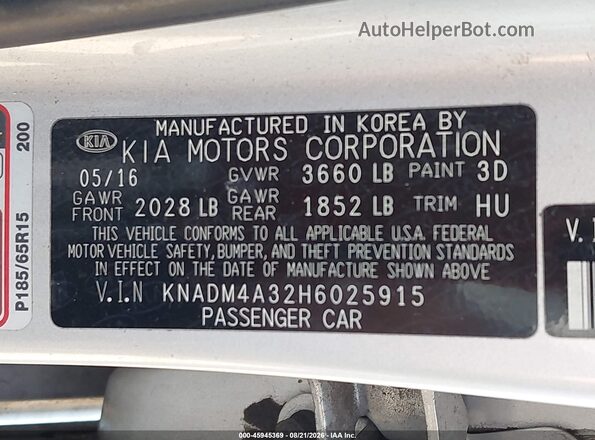 KNADM4A32H6025915 2017 KIA RIO Silver Вид підкапотного простору