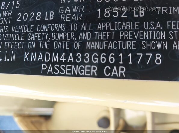KNADM4A33G6611778 2016 KIA RIO Yellow Вид підкапотного простору
